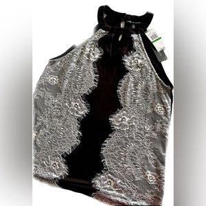 Cable & Gauge Black with White Lace Detail Sleeveless High Neck Top size Large